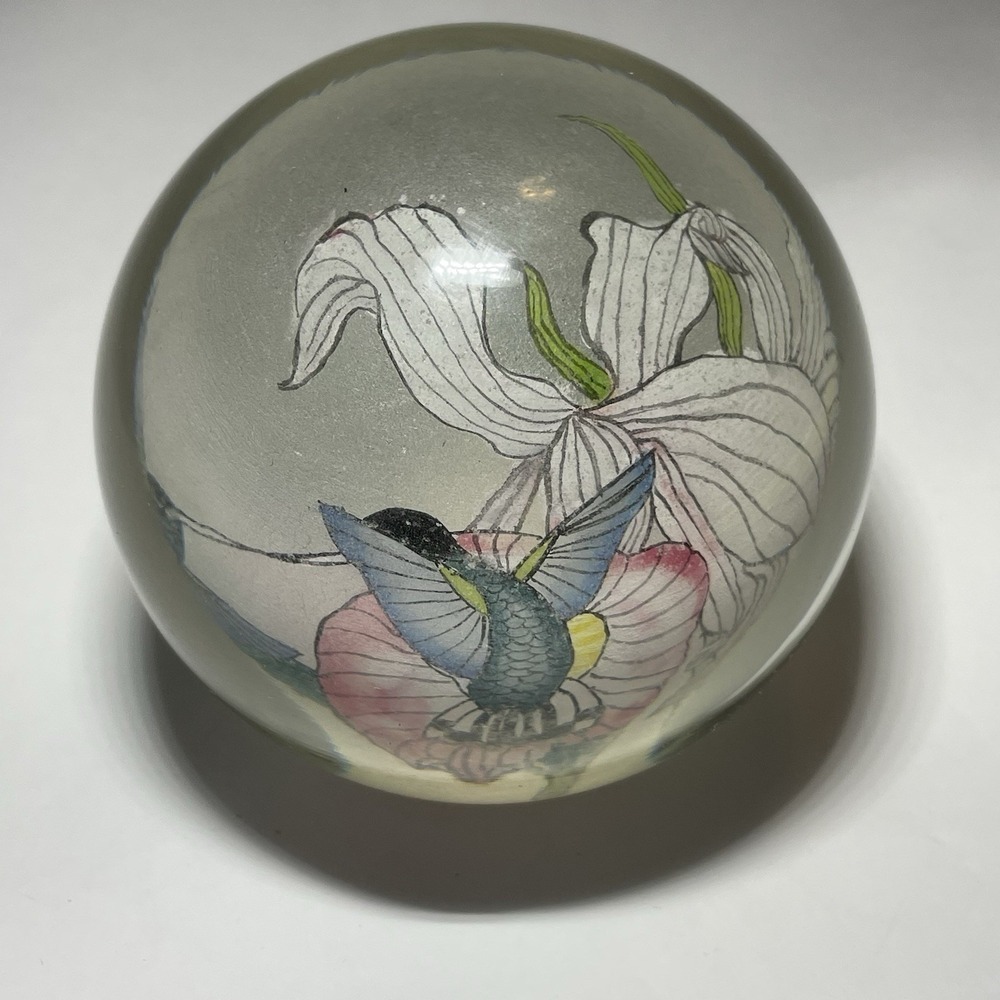 1993 Reverse Painted Hummingbird Tiger Lily Art Glass Paperweight